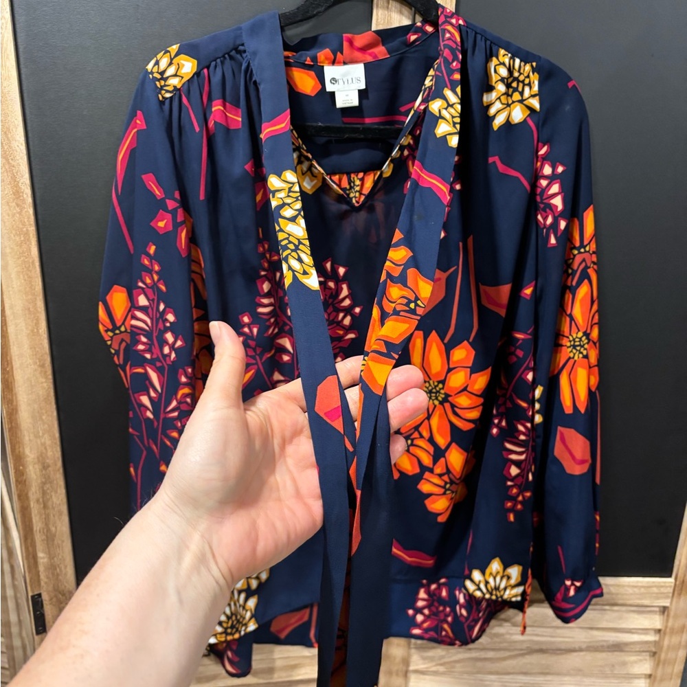 STYLUS Navy Floral Tie-Neck Blouse with Orange & Pink Blooms - Picture 2 of 5